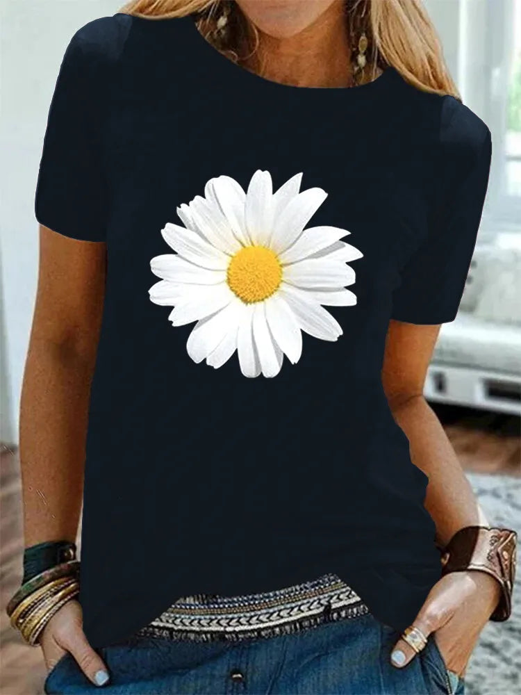 Cotton  100% Women's Round-neck Daisy Print Short-sleeved T-shirt for Women Harajuku  Aesthetic Clothes  Graphic T Shirts  Tops