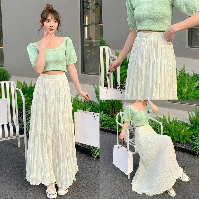 Fashion Pleated A-line Skirts for Women Casual Saia Midi Harajuku Long Skirt Jupe Femme Vintage Streetwear Faldas Woman Clothes