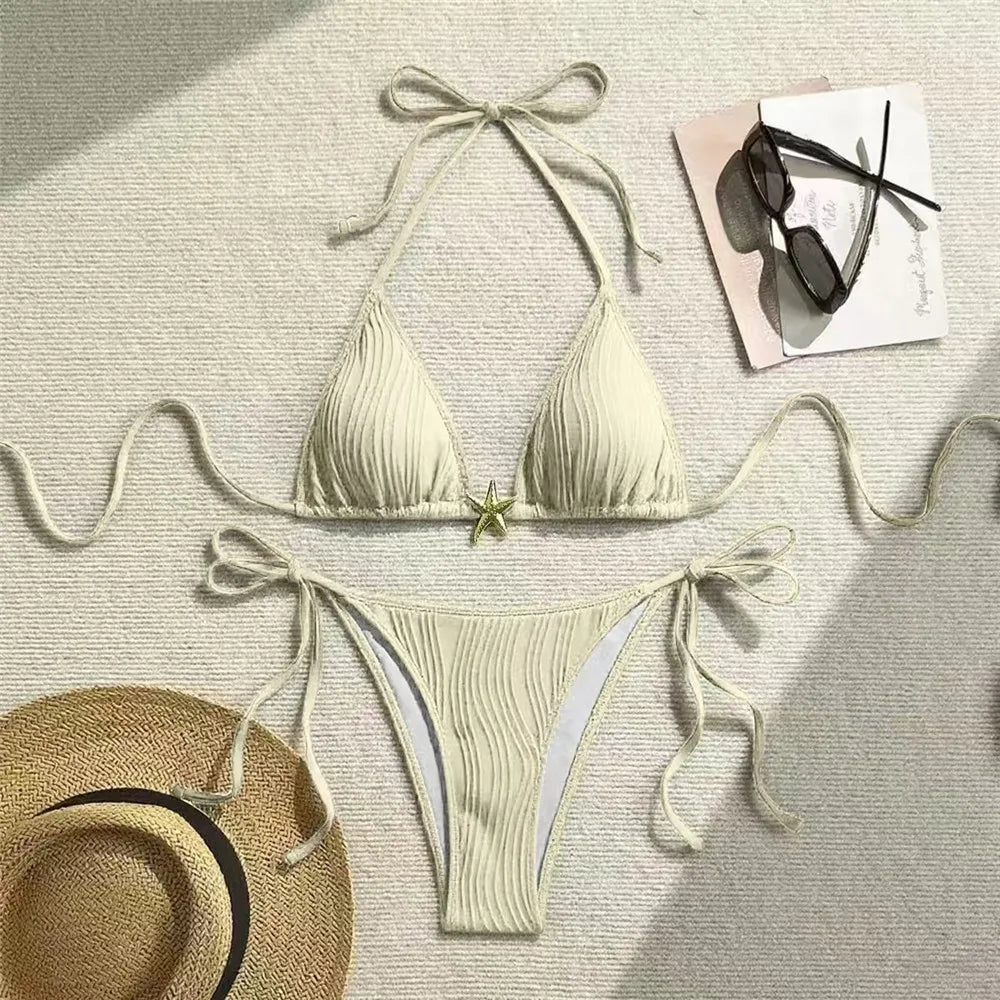Sexy Black Ribbed Swimsuit Micro Thong String Halter Triangle Bikini Metal Starfish Swimwear 2026 Women Bathing Suit Bikinis Set