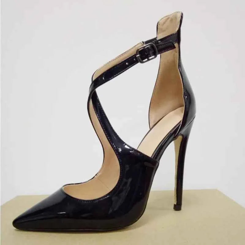2025 New Baotou Buckle Stiletto High Heels European and American Lacquer Cross Strap Roman Cool Boots Large Size 33-46