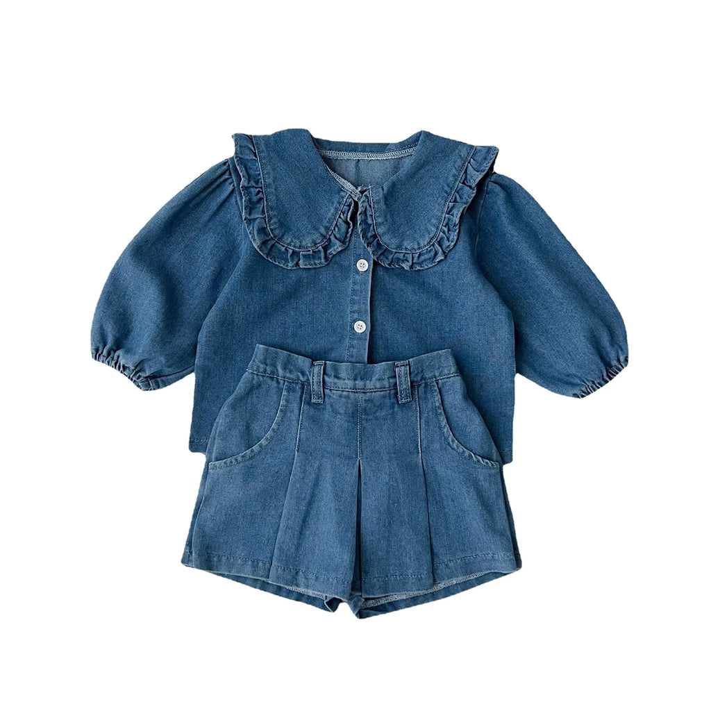 Fashionable Childrens Set Denim Top+Jeans Short Korean Version Girl Casual Sports Two-Piece Set 0-6 Year Old Childrens Cloth