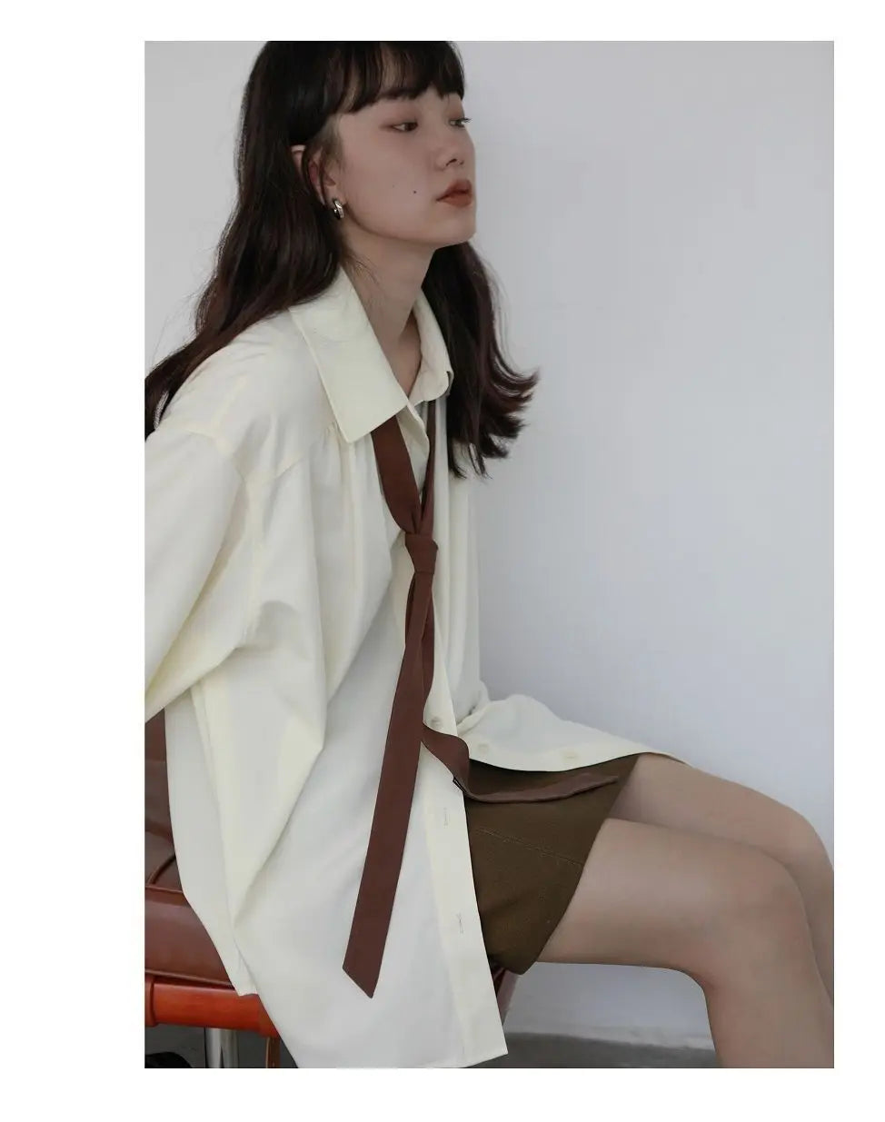 2026 Summer Women's Oversized Long Sleeve Blouse 2026 Summer New Arrival Tie Neck Shirt Loose Fit Office Elegant Fashion