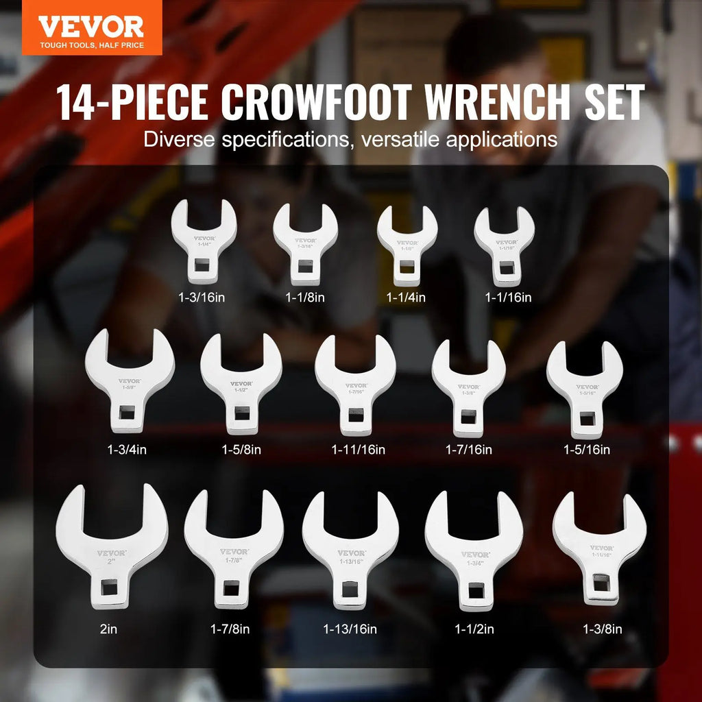 1/2\" Drive 14-Piece SAE Crowfoot Wrench Set 40CR Material Laser E with Storage Tray