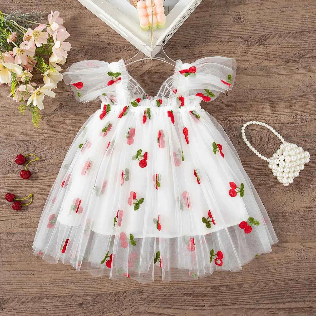 Summer New Girls' Dress Halter Small Flying Sleeve Embroidery Pattern Wings Sweet Princess Dress Mesh Princess Dress