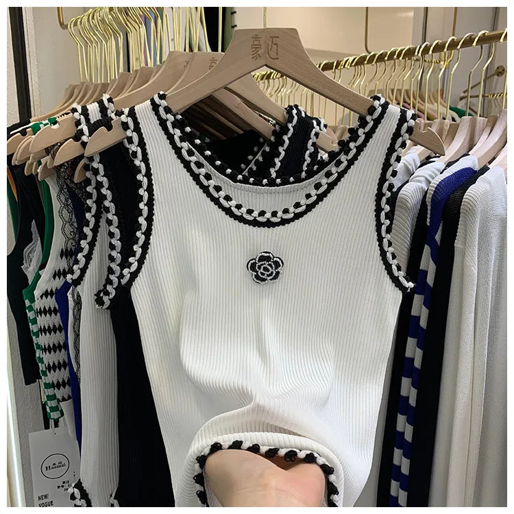 Women Summer Thin Curved Beads Knitted Vest Sleeveless Knit Camisole Tops Female O-Neck Outer Wear Inner Top Tank Rose