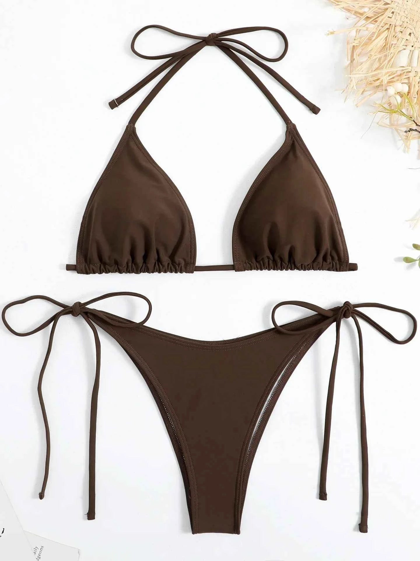 Sexy Brown Bikini 2026 Women Solid Red Halter Push Up Bra Tie Side Triangle Swimsuit Summer Bathing Suit Lace Up Micro Swimwear