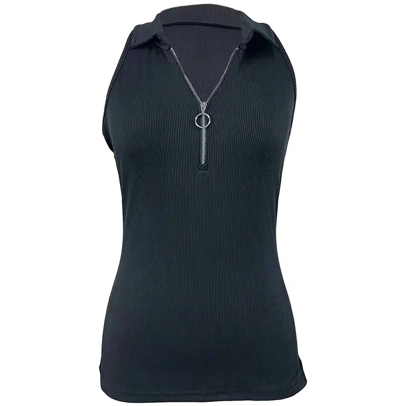 Europe and the United States new spring and summer solid color pit strip lapel zipper vest women fashion casual T-shirt women's