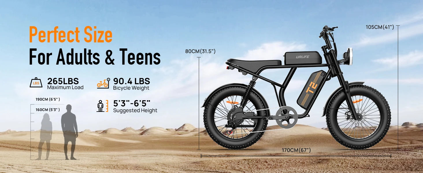 URLIFE T2 1500W E-Bike 48V 15.6Ah Battery 28MPH 100Mi Range 20X4" Fat Tire Free Shipping