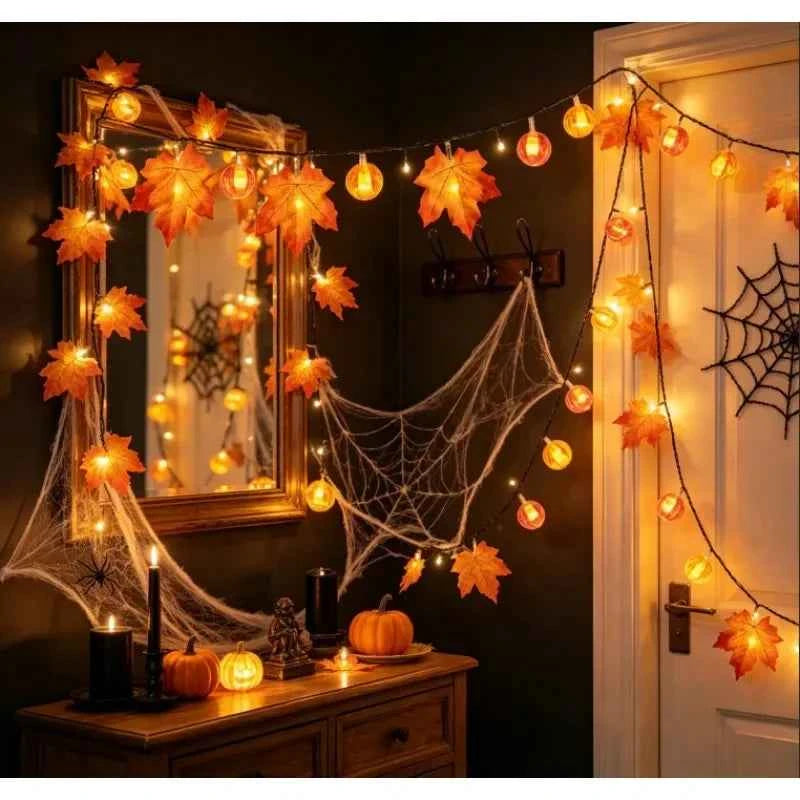Indoor Home Autumn Harvest Festival Decor 1PC 3D Pumpkin & Maple Leaves String Lights Halloween Thanksgiving Decor Lamp
