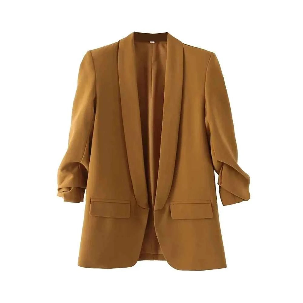 Women Fashion Office Wear Open Blazer Coat Vintage Long Pleated Sleeves Flap Pockets Female Outerwear Chic Tops