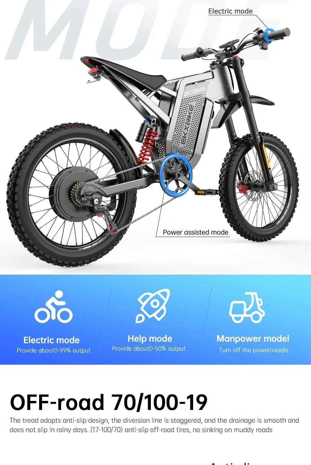 EKX X21 Max Electric Motorcycle EBIKE 3000W Brushless Gearless Motor, 60V 30Ah Battery, 85km/h, Adult Off-Road Ebike