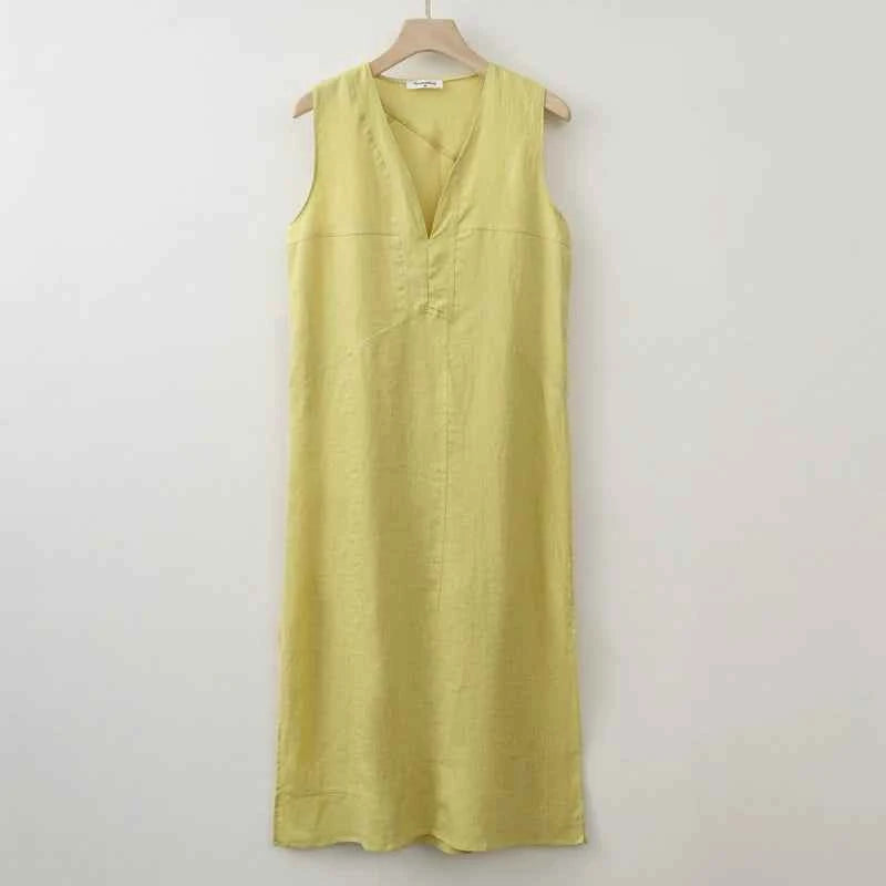 2025 Summer Women Solid Linen V Neck Sleeveless Fashion Dress Split Tank Dress