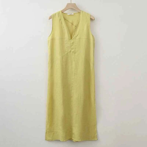 2025 Summer Women Solid Linen V Neck Sleeveless Fashion Dress Split Tank Dress