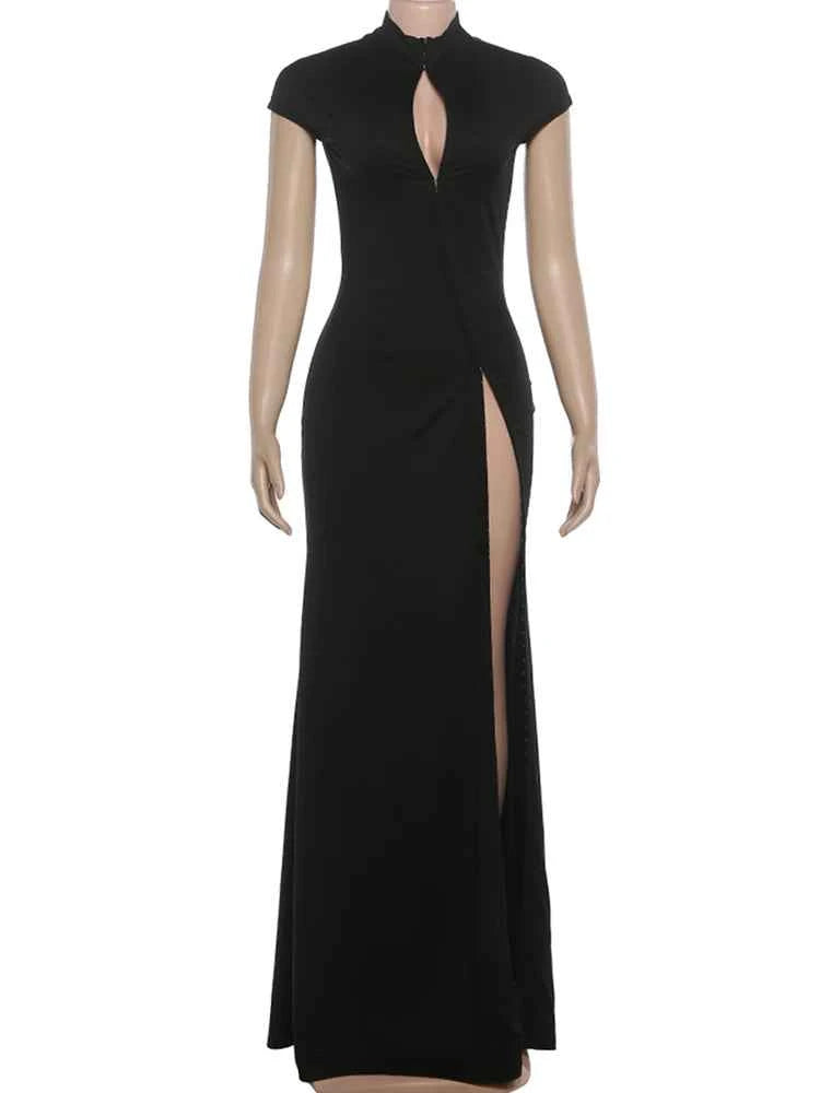 Kliou Sexy High Splits Solid Long Dress Woman Half High Collar Short Sleeve Hollow Design Midnight Club Party Elegant Vestidos