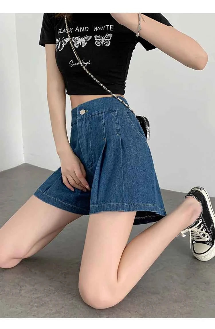 DFRCAEG 2024 Summer Plus Size Denim Shorts For Women High Elastic Waist Blue Or Sky Blue Pleated Mini Large Size Short Femme