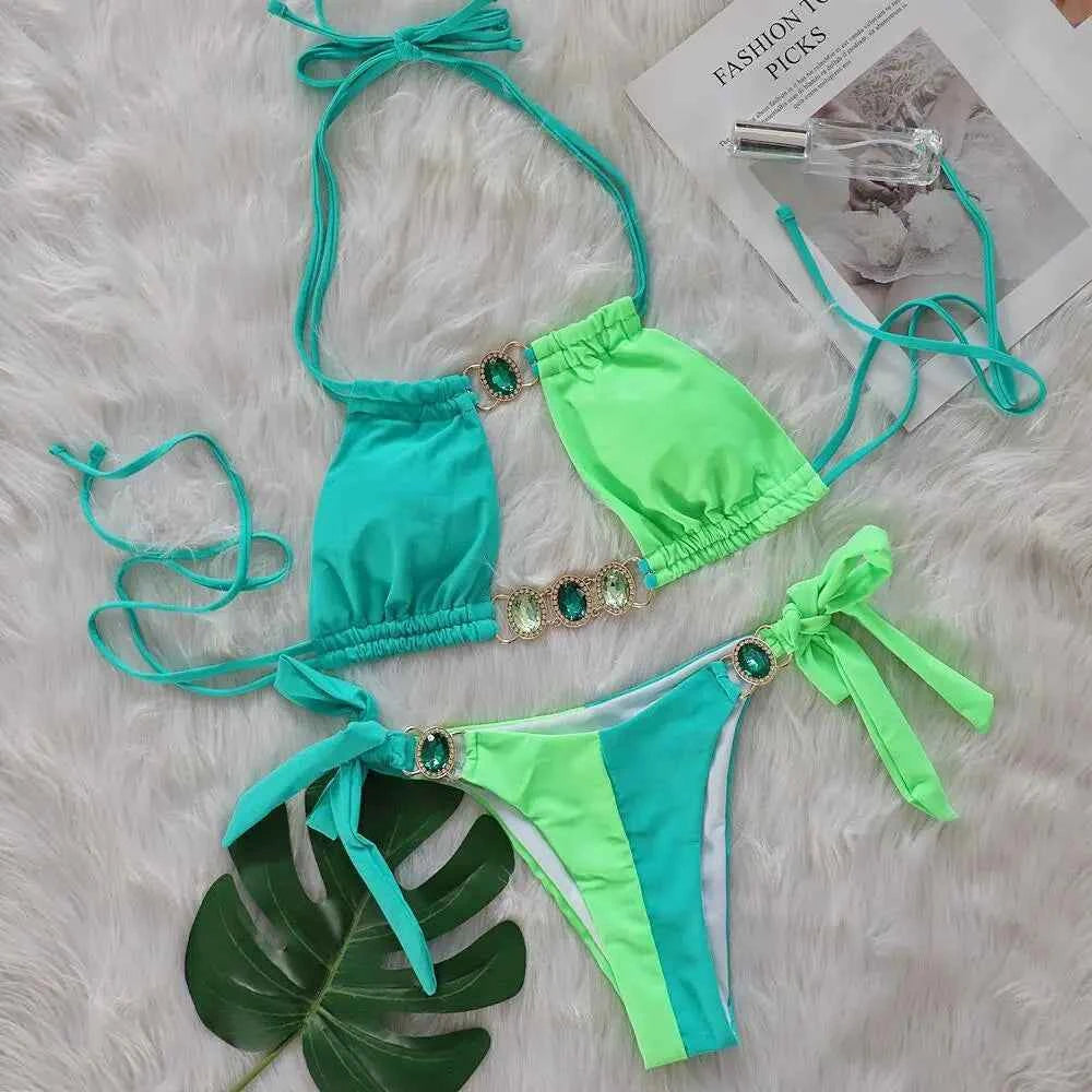 2026 Splicing Halter Diamond Bikini Women Swimsuit Female Swimwear Two Pieces Bikini Set Hollow Out Bathing Suit Swim Beach Wear