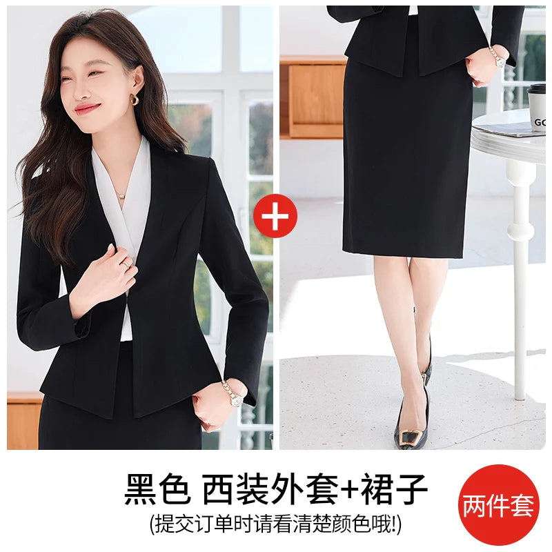 AIyssa Fashionable classic long-sleeved suit set, office business women's clothing, high-quality two-piece suit jacket + skirt.