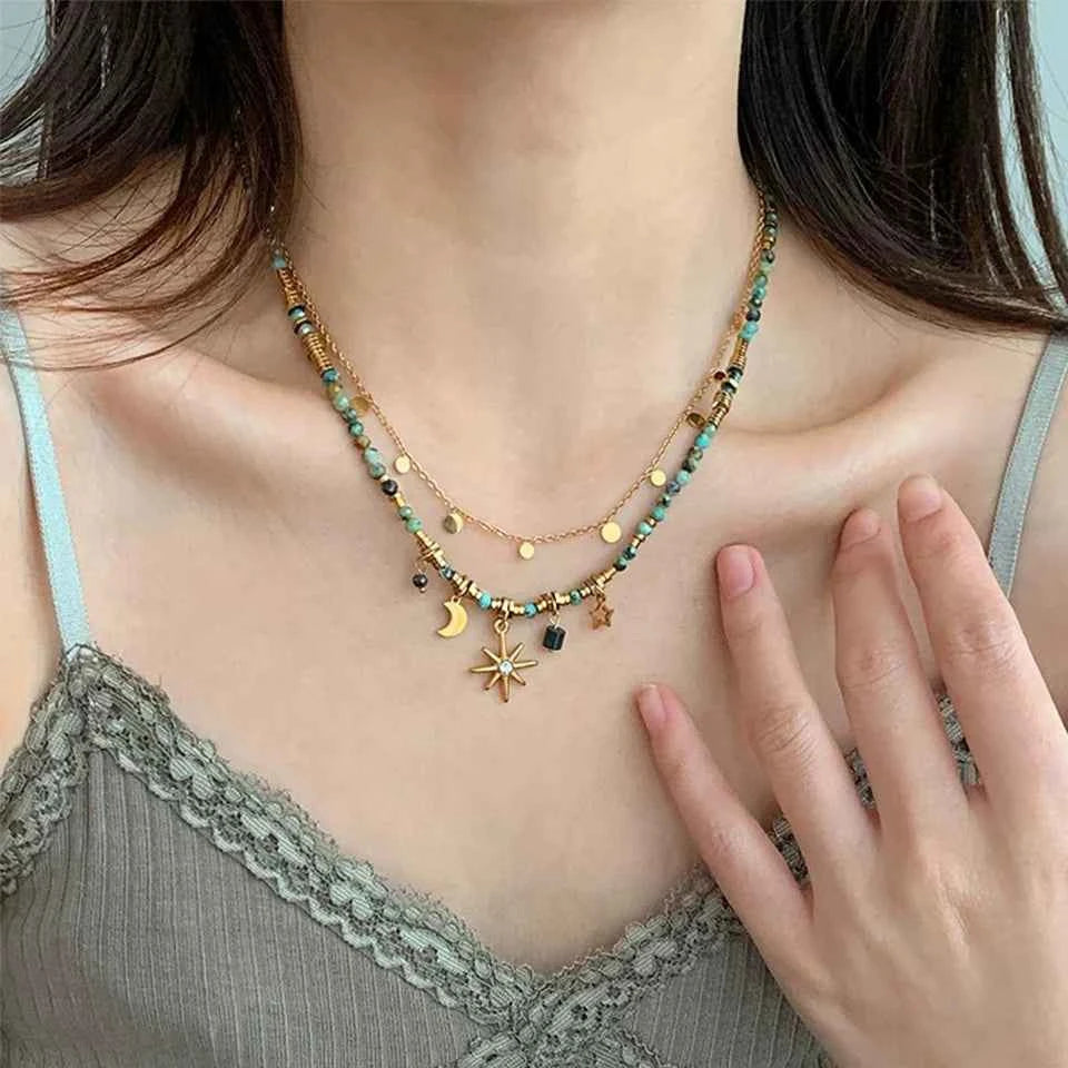 ZAKOL Vintage Bohemian Style Stone Beads Necklace for Women Charm Mang Star Pendant Stacked Clavicle Chain Fashion Jewelry Gifts