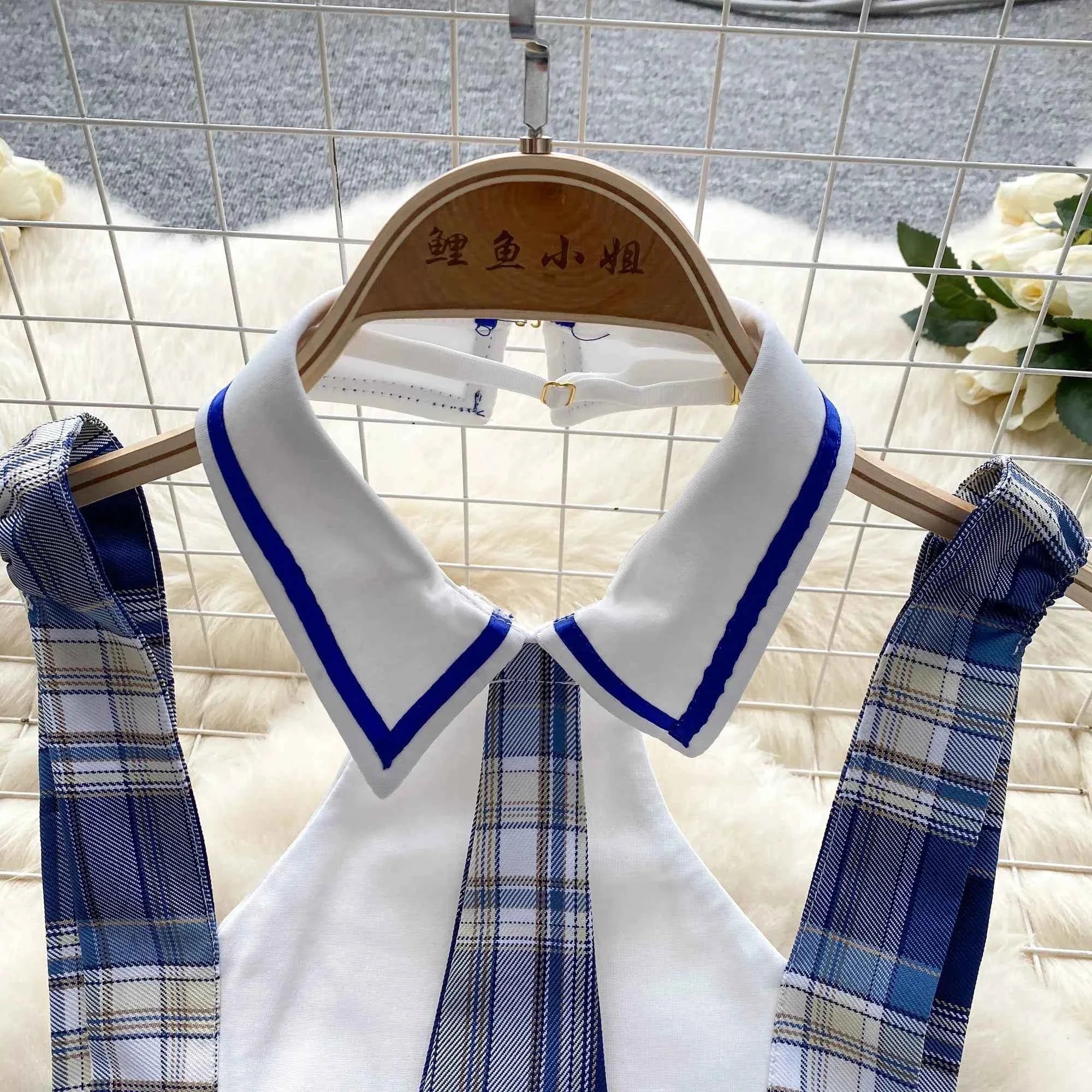Girls Sexy Cute Japanese JK Uniform  Mini Checkered Strap Skirt Off Shoulder High Waist Elastic Cosplay Dress Hot Sweet Pajama