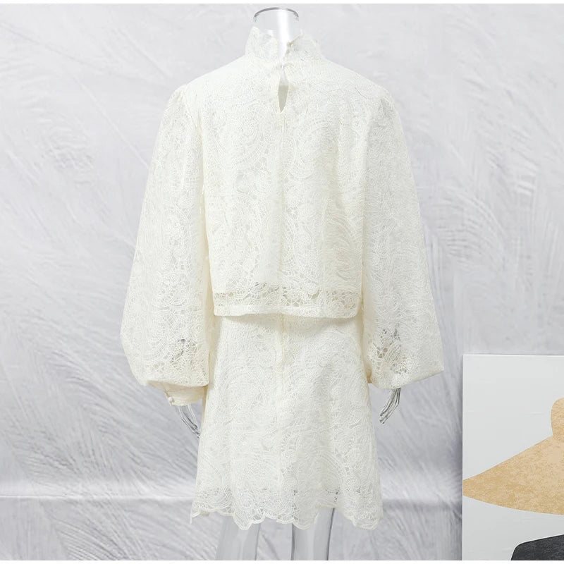 White Lace Dresses Elegant Solid Flared Sleeve High Neck Slim Pleat Mini Women Dress 2026 New Fashion Club Evening  Party Robes