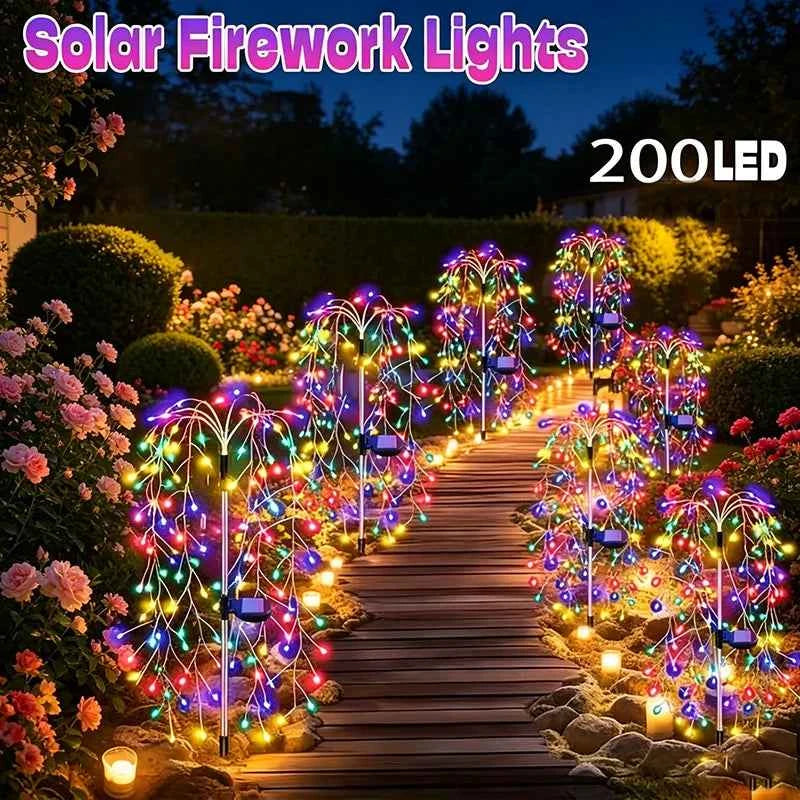 200 LEDs Solar Garden Lights Outdoor Sparkler Fireworks Starburst Colorful&warm Lighting Waterproof Outside Yard Art Decorations