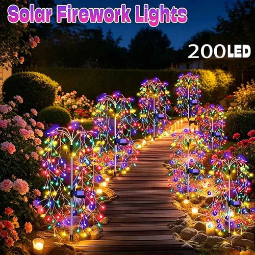 200 LEDs Solar Garden Lights Outdoor Sparkler Fireworks Starburst Colorful&warm Lighting Waterproof Outside Yard Art Decorations