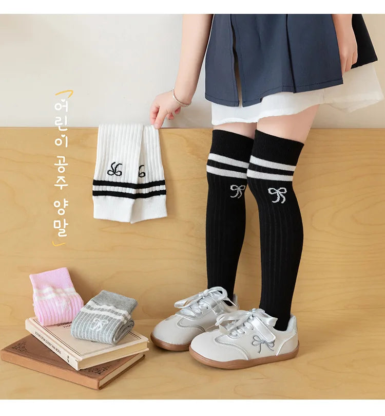 40CM Children's Long Socks Spring and Summer Girls' Bow Princess Skirt Paired with Knee High Sock Striped High Tube Cotton Socks