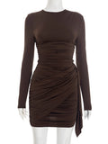 Casual Solid Pleated Bodycon Mini Dress Women Sexy Long Sleeve Waist-cinching Irregular Dresses 2026 Lady Chic Party Club Robe