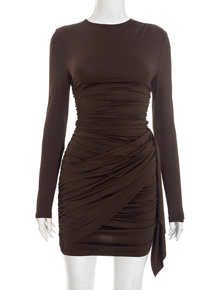 Casual Solid Pleated Bodycon Mini Dress Women Sexy Long Sleeve Waist-cinching Irregular Dresses 2026 Lady Chic Party Club Robe