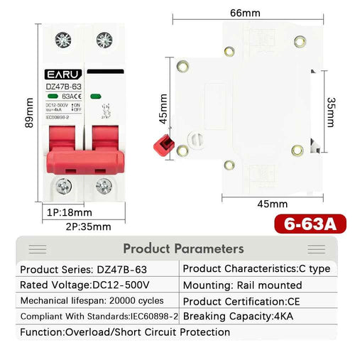 1P 2P DC MCB 12V 24V 48V Circuit Breaker Battery Car Protector DZ47 DC Positive Negative Pole Rotection  Protect Switch Isolator