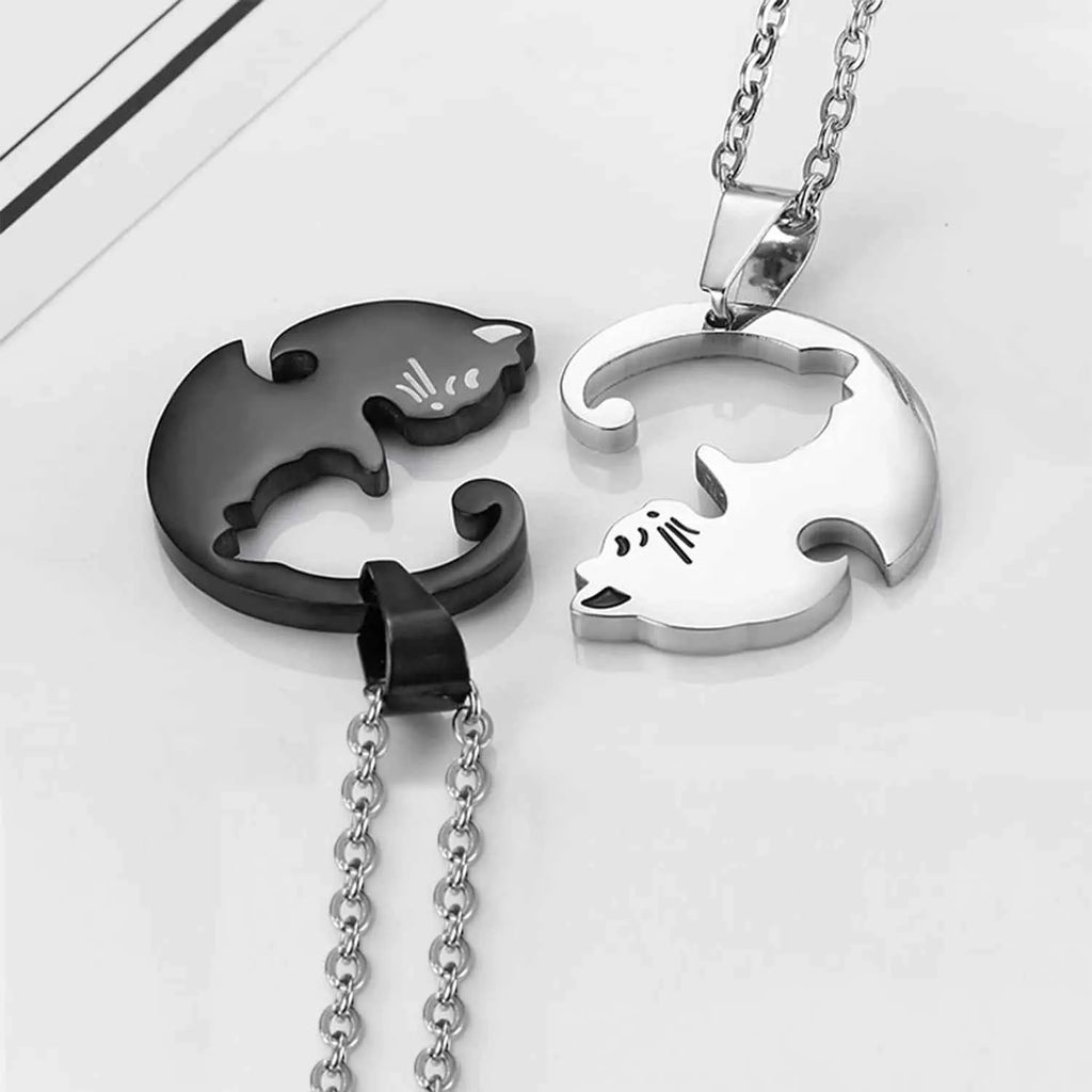 Two Cat Couple Necklaces Jewelry Stainless Steel Black White Kitten Animal Pendant Choker Necklace Lovers Friendship Gift