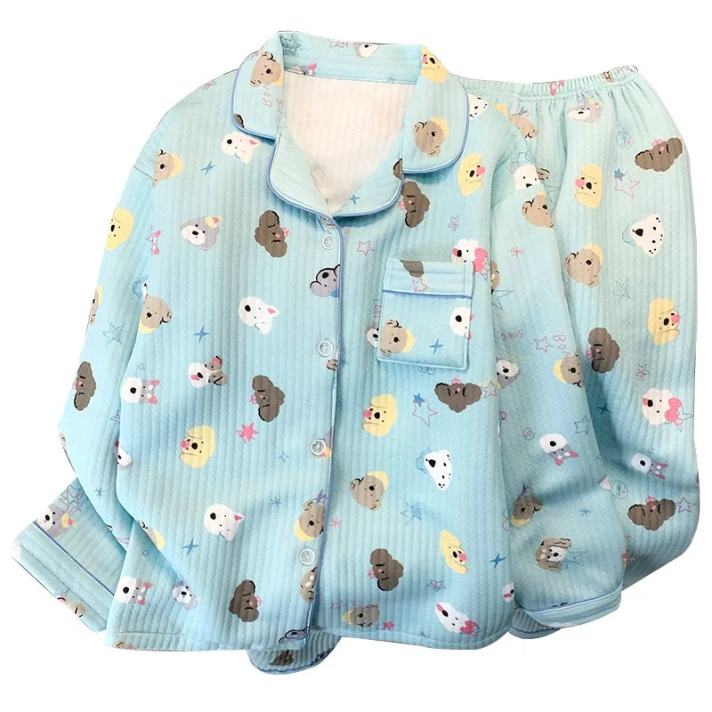 Korean Style Colourful Dot Women's Sleepwear Set 2025 Autumn Winter New Pajamas Set Cute Lapel Neck Casual Homewear 2PC Suit