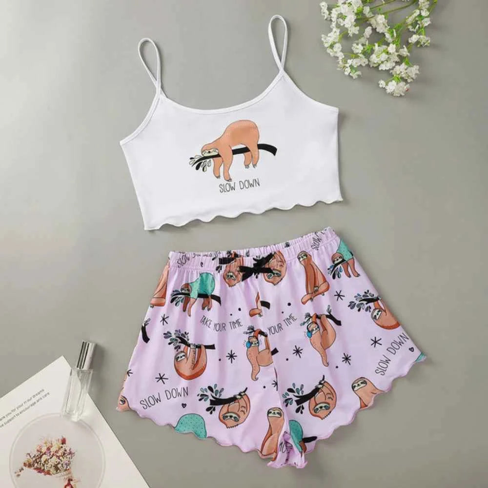 Summer Silk Satin Pyjama Pajamas for Women Sexy Sleepwear Sling Top Shorts Pajama Set Cartoon Pattern Printing 2-Piece Homewear