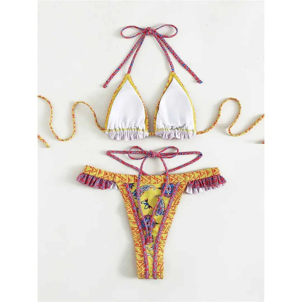 5 Colors Sexy Printed Halter Frilled Bikini Women Swimwear Female Swimsuit Two-pieces Bikini set Bather Bathing Suit Swim V4651