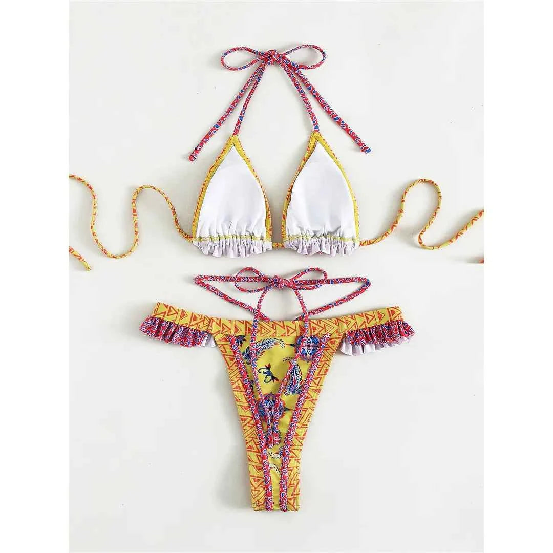 5 Colors Sexy Printed Halter Frilled Bikini Women Swimwear Female Swimsuit Two-pieces Bikini set Bather Bathing Suit Swim V4651