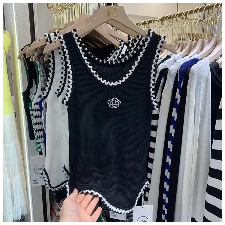 Women Summer Thin Curved Beads Knitted Vest Sleeveless Knit Camisole Tops Female O-Neck Outer Wear Inner Top Tank Rose