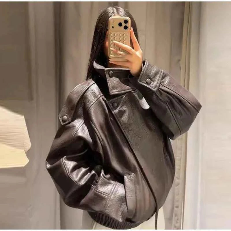 Vintage PU Leather Women's Jacket Stand Collar Zipper Button Coats Female Long Sleeve Outerwear Spring Lady Street Jackets