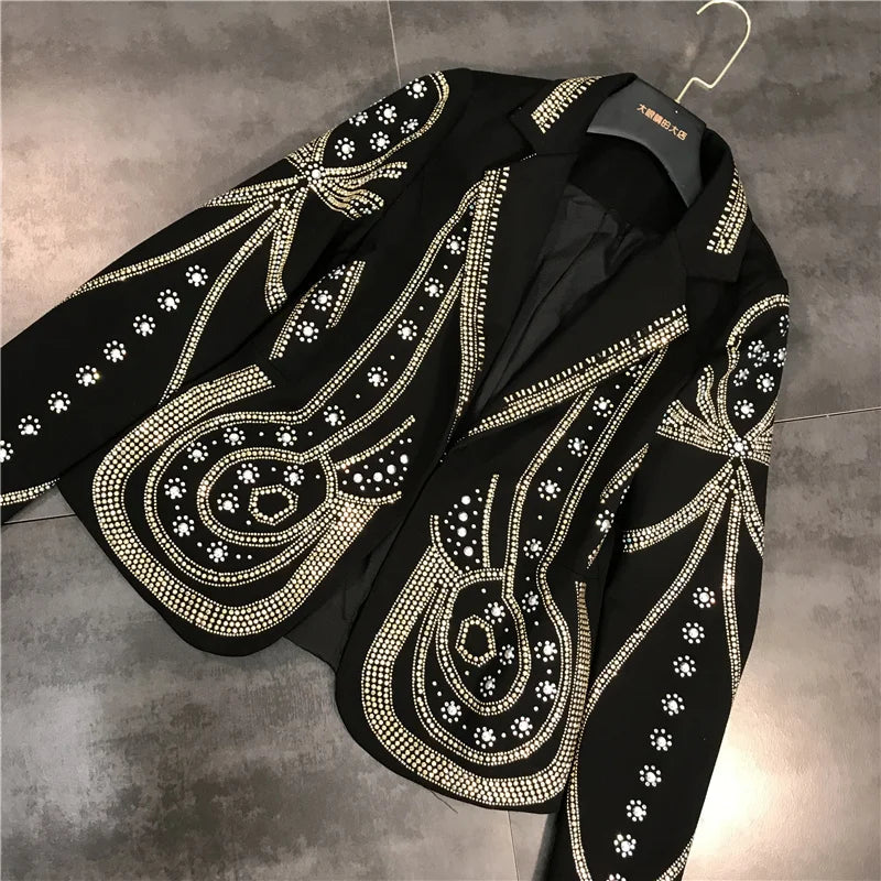 DEAT 2024 New autumn Turn-down Collar Full Sleeves Metal Beaded No Buttons Short jackets Female Single Suit WF18501L Black