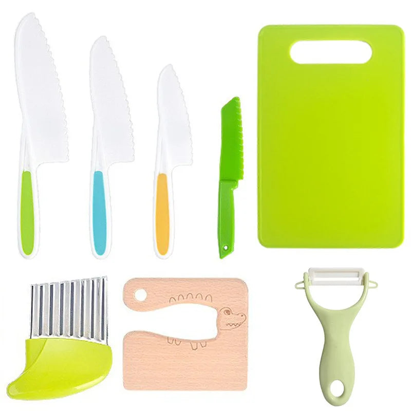 Kids Plastic Kitchen Tools Real-Toddler Safe Cutting Board Knife Set Perfect for Picnics Camping Use