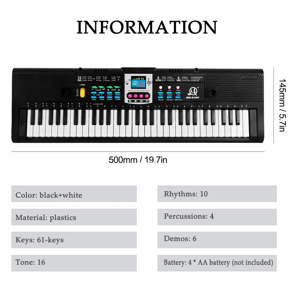61 Keys Digital Music Electronic Keyboard Kids Electric Piano for Piano Student with Microphone Function Musical Instrument