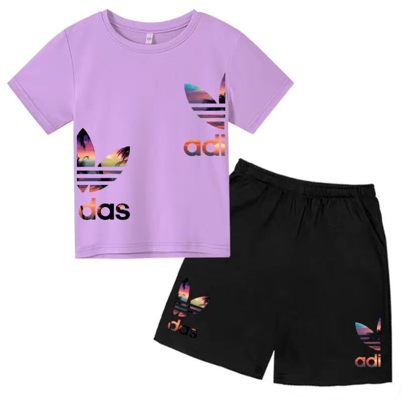 Kids T-shirt Set Colorful Letter Print Boys Girls 3-12Yrs Gift Short-sleeved+shorts 2P Round Neck Sports Casual Charming Clothes