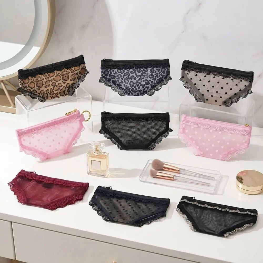 New Briefs Shape Cosmetic Bag Mesh Lace Heart Makeup Storage Pouch Y2K Transparent Toiletry Bag Storage for Travel