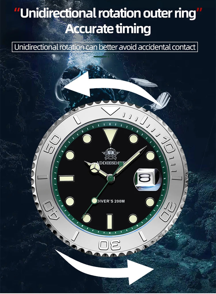 ADDIESDIVE Top Brand Mens Quartz Watches 41mm Stainless Steel Calendar Display Luxury Watch Luminous 200m Dive Casual Wristwatch