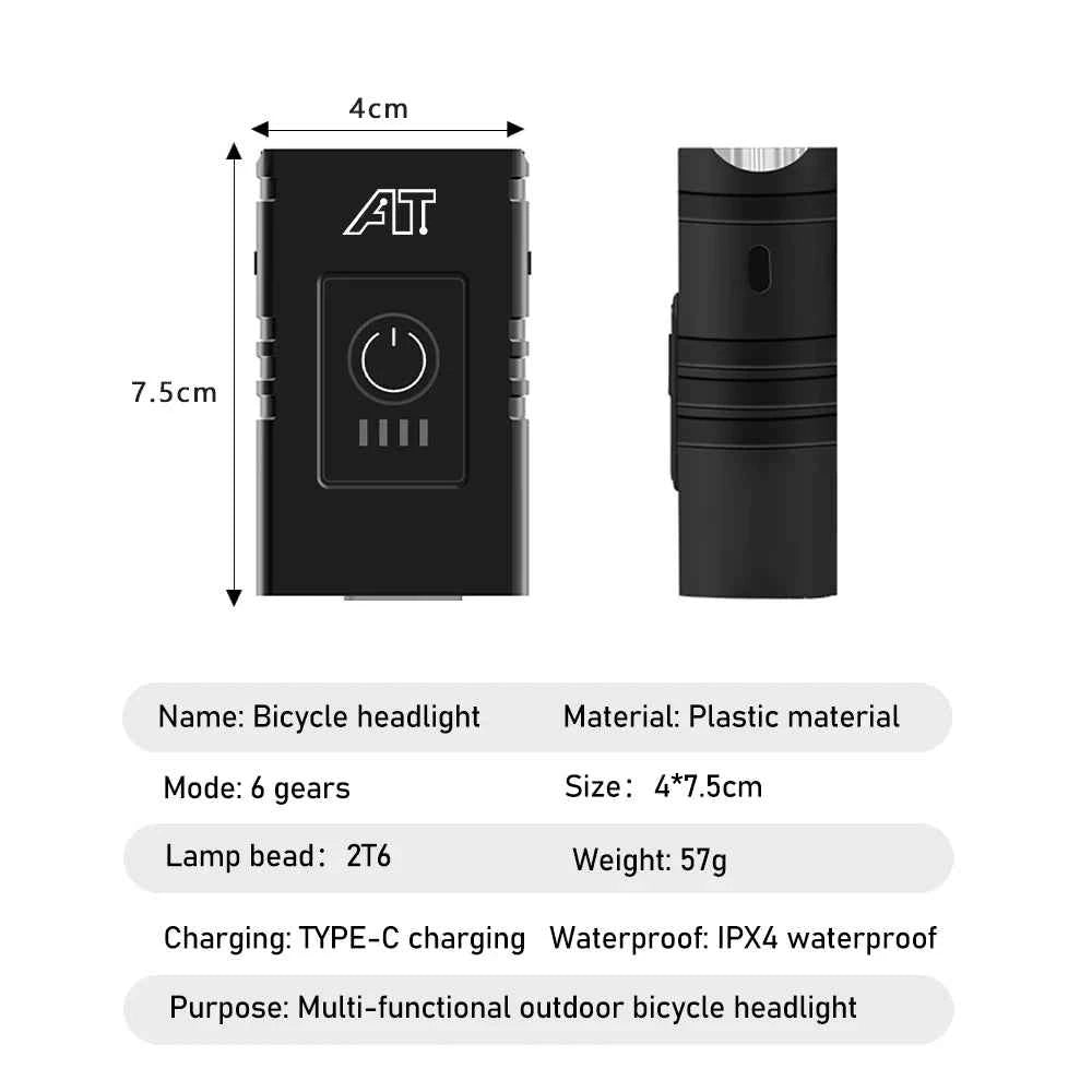 Bicycle Light T6 LED Bike Front Lamp 6 Modes Cycling Lantern Type-C Rechargeable MTB Bike Headlight Flashlight for Night Riding
