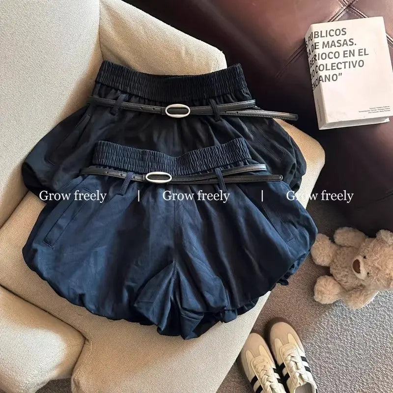 Women High Waist Casual Summer 2025 Elastic Waist Shorts Korean Style Blooming Skirt Pants with Belt
