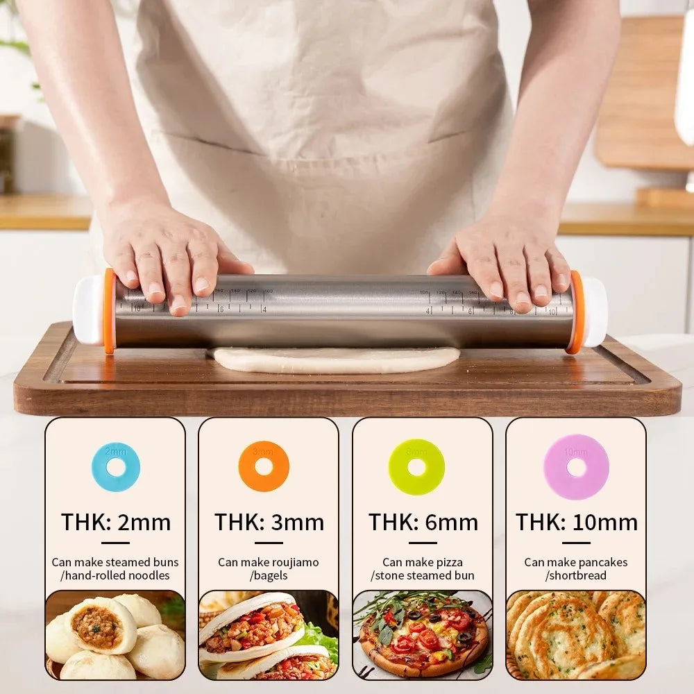 13.78 Inch Stainless Steel Adjustable Rolling Pin with 4 Thickness Removable Rings Dough Roller for Pizza Cookie Baking Tools.