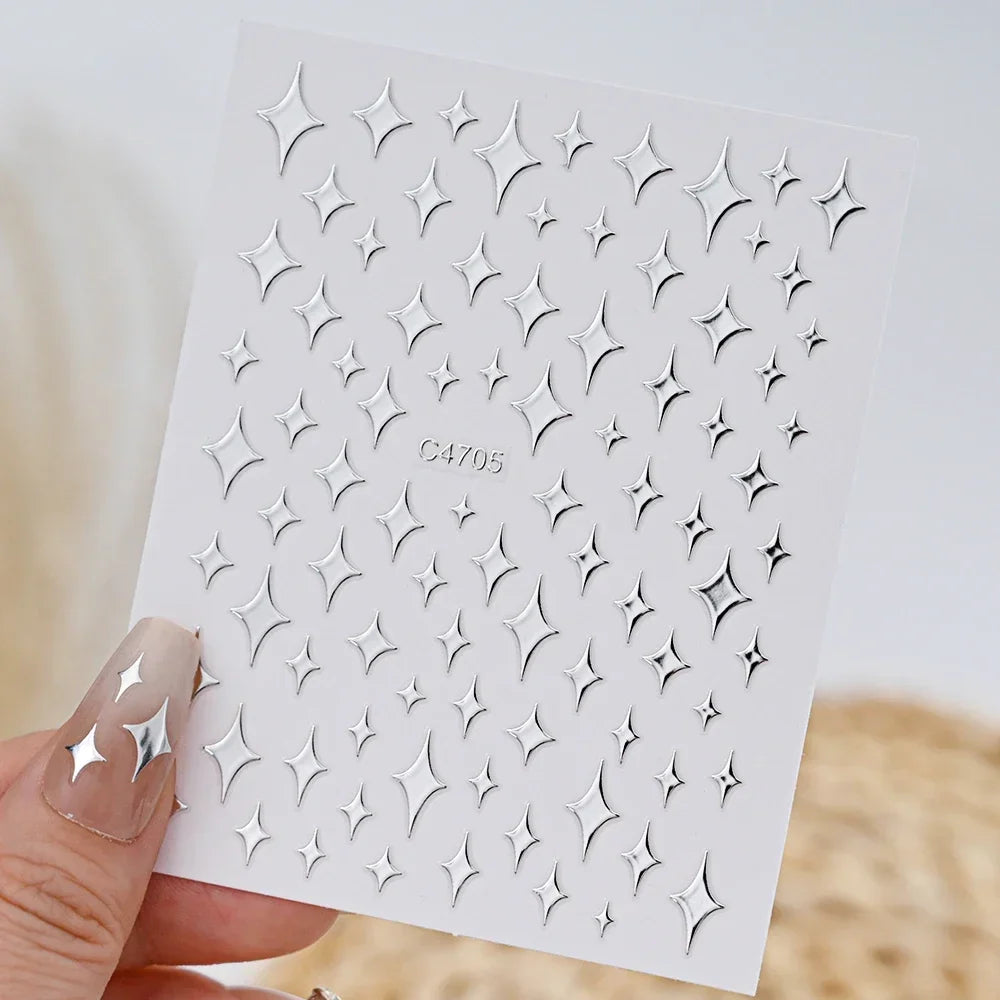 Metallic Silver 3D Star Chain Heart Nail Stickers 6 Sheets Self Adhesive Decals Professional Salon DIY Gel Nail Art Supply
