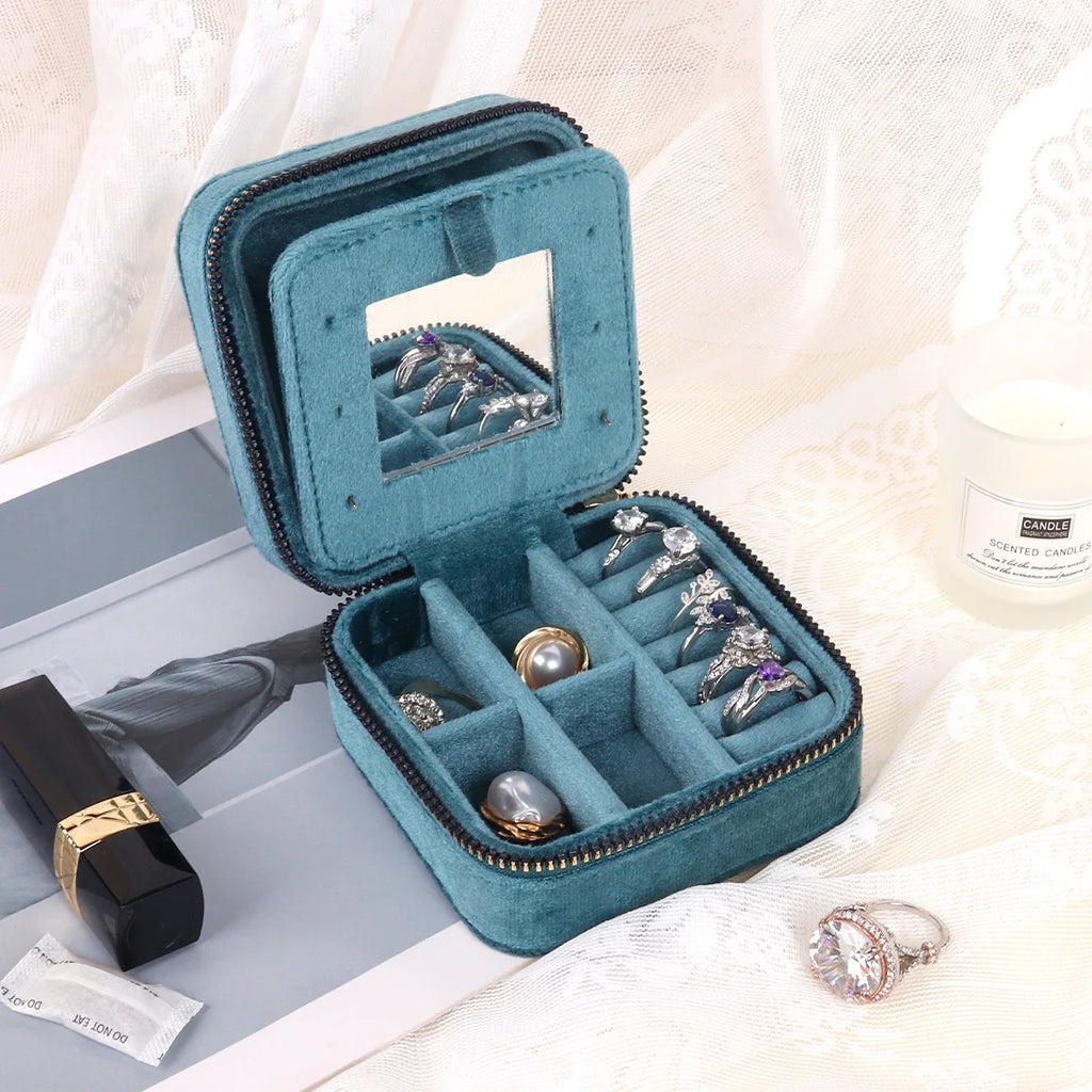 Rhombus Velvet Jewelry Box with Mirror Women Travel Portable Earrings Ring Necklace Storage Display Jewelry Organizer Box