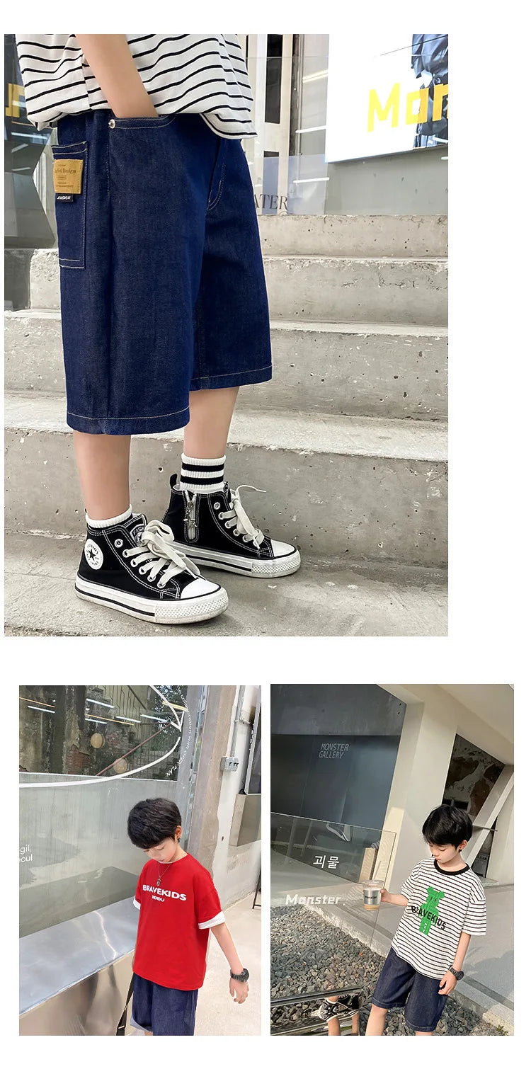 Teen Boys Denim Shorts 2026 New Summer Children Loose Wide Leg Knee Length Jean Pants Kid Casual Streetwear Elastic Waist Shorts