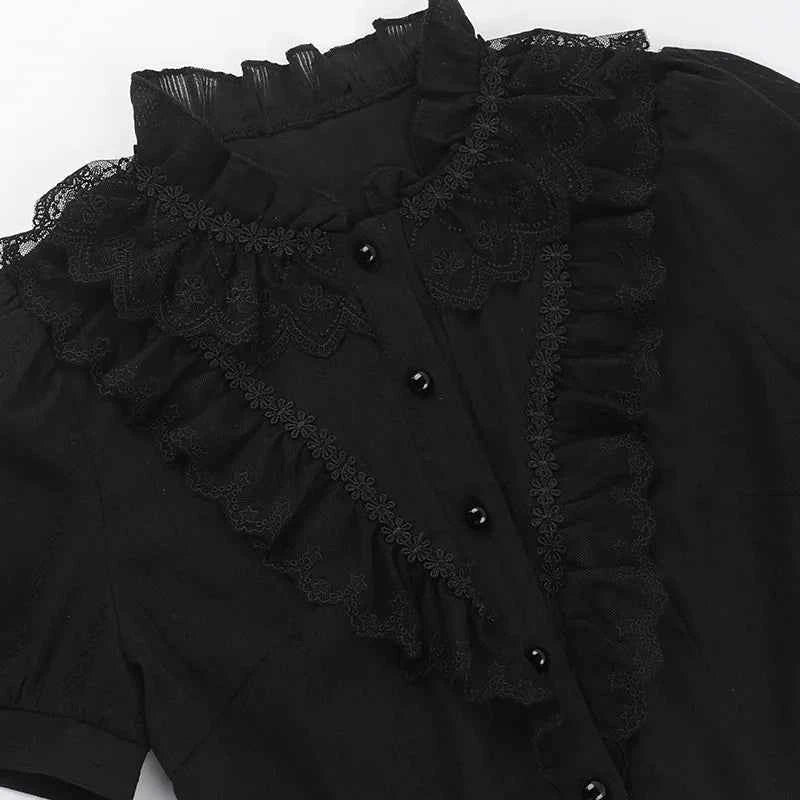 Sweet Lolita Cotton Shirts Women Vintage Gothic Black White Jacquard Short Sleeve Blouses Elegant Office Lady Y2k Tops